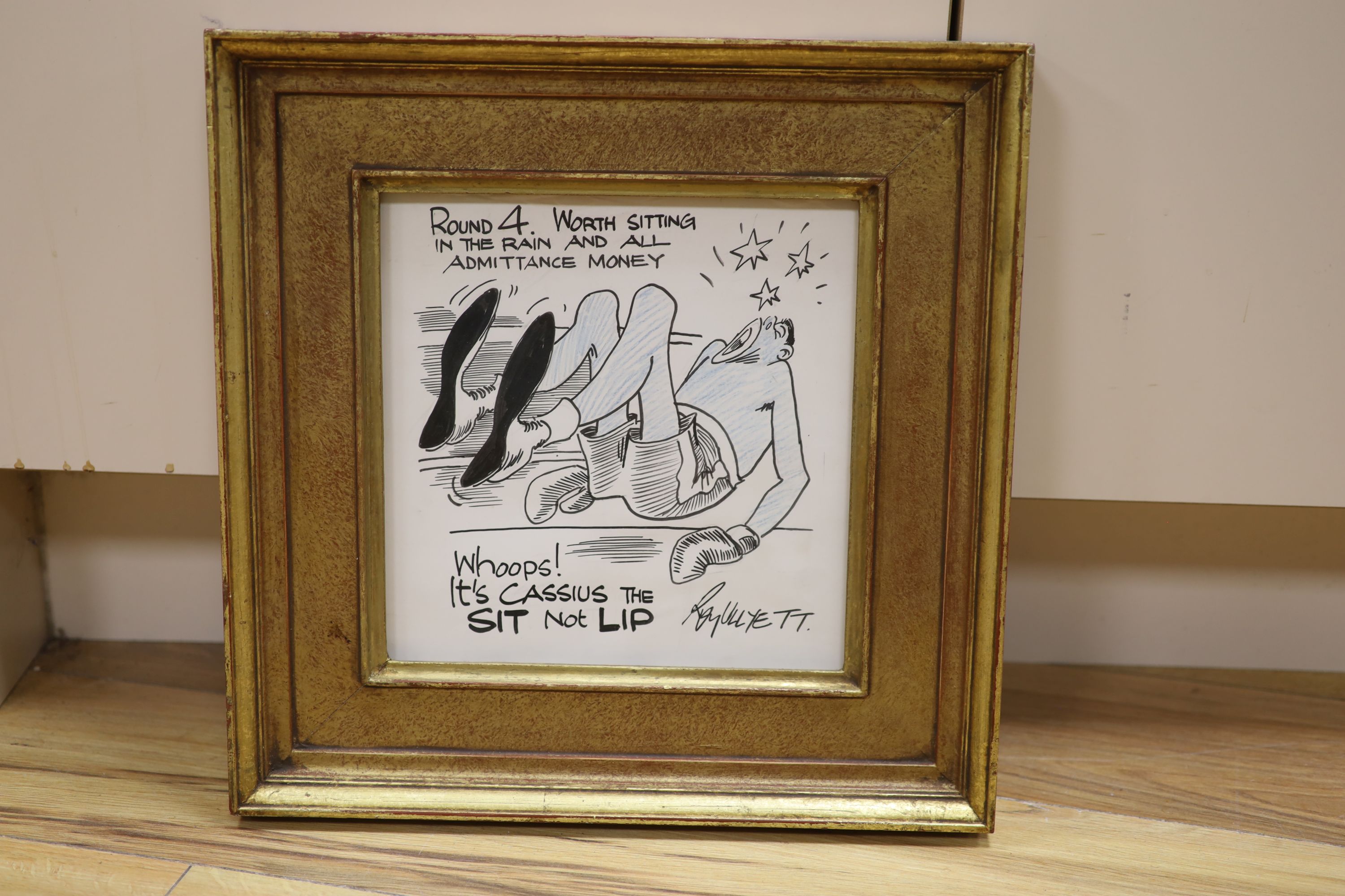 Roy Ullyett, original boxing cartoon, 'Whoops...Cassius, depicting the famous fight between Cassius Clay and Henry Cooper when Cooper hit Clay with a left hook and dumped Clay on the Canvas. Clay went on to win the fight